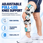 42015 full-leg knee brace showing its hinge, adjustable length and fastening straps