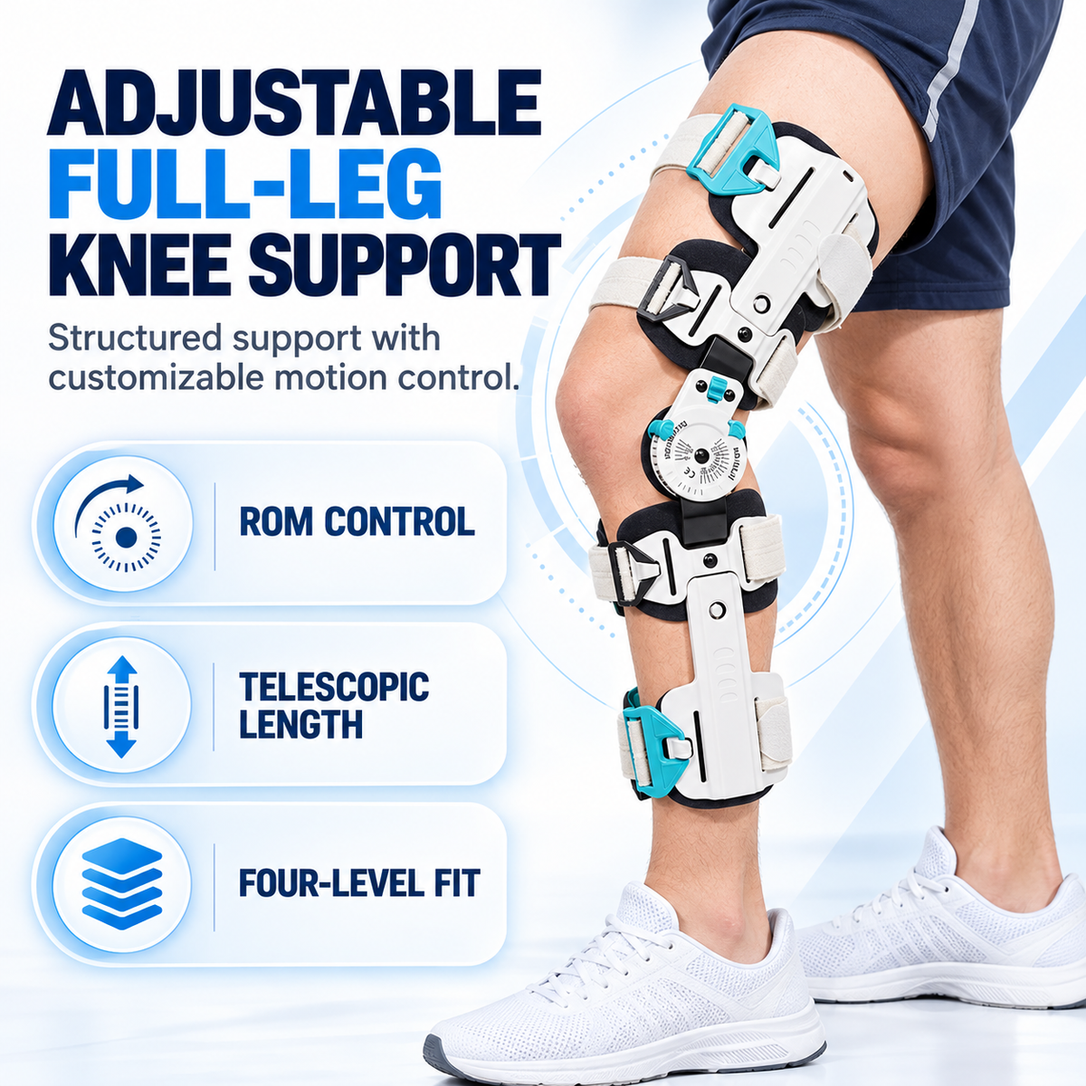 42015 full-leg knee brace showing its hinge, adjustable length and fastening straps