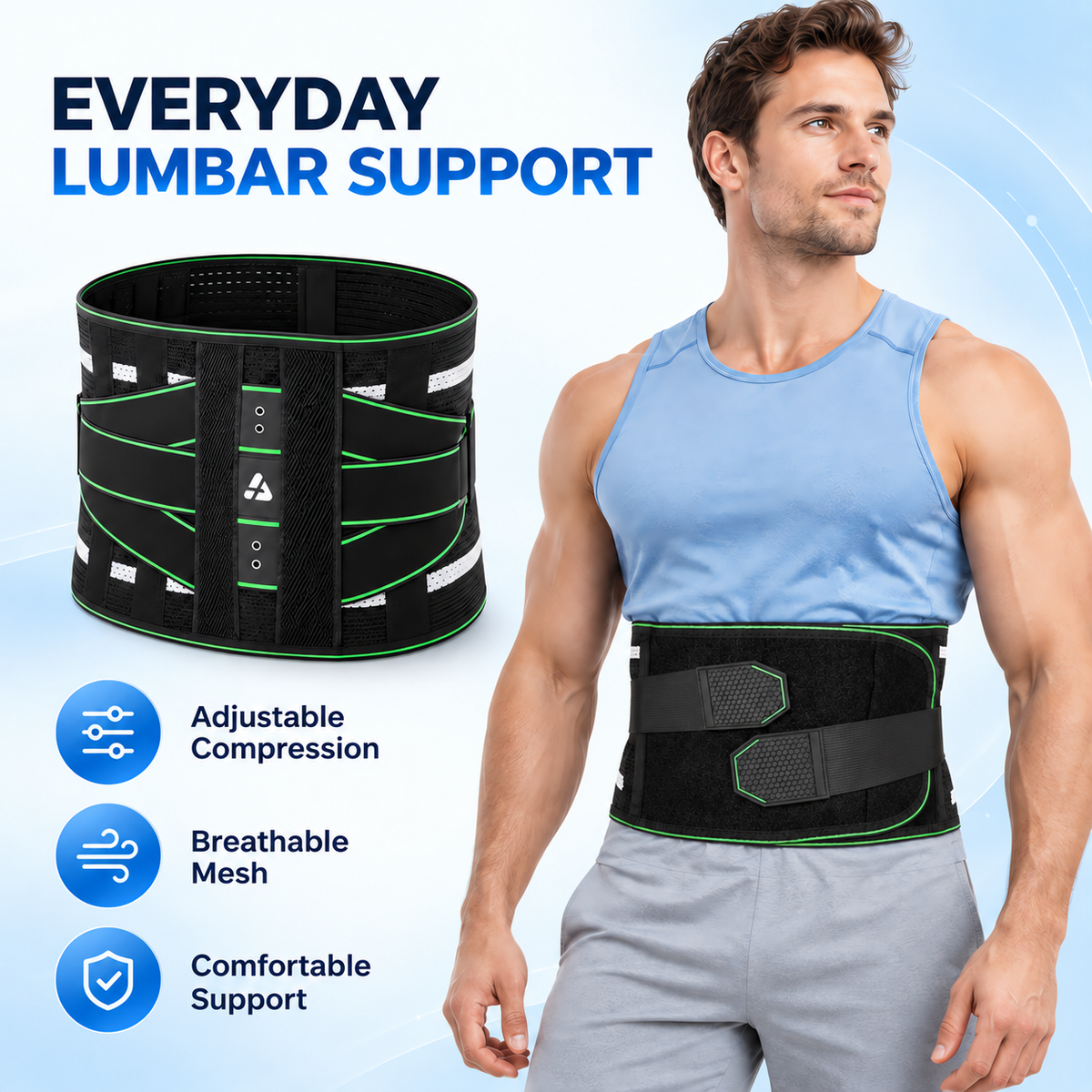 70010 black lumbar support belt with green trim and adjustable fastening